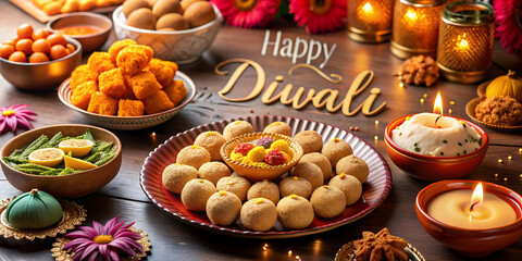 Fototapeta premium Happy Diwali poster with traditional Indian sweets