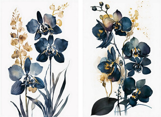 Watercolor illustration of orchids in navy blue and gold in beautiful colors