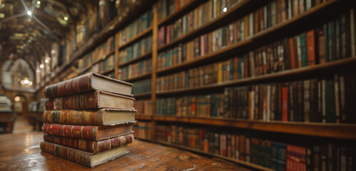 Fototapeta premium Close-up view of the spines of numerous stacked books in an old library, with the soft blur of shelves in the background, evoking the quiet sanctuary of literature