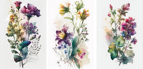 Watercolor illustration of various flowers and roses in beautiful colors
