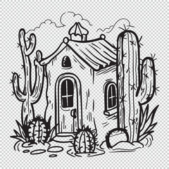 Naklejka premium Cactus house line art design for kids coloring book, black vecto