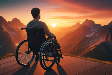 A man in a wheelchair on top of a mountain contemplating the sunset - obrazy, fototapety, plakaty
