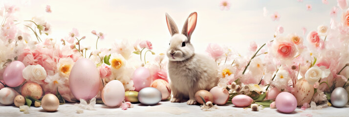 Easter. Charming Easter bunny among delicate pink palette of spring flowers and various Easter eggs, symbolizing warmth and new beginning of Easter season. Banner