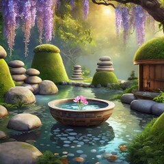 Tribal bath in a Zen garden, surrounded by towers of round stones , the stones are overgrown with...