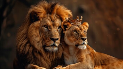 Lion king in golden crown background wallpaper concept