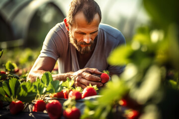 Close-up of farmer carefully picking ripe strawberries. Sustainable agriculture and farm-to-table movement. Locally grown.