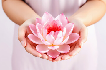 Pair of female hands gently hold delicate pink lotus flower, its petals wide open, conveying purity, spiritual awakening and inner peace. Ideal for themes of serenity, meditation and harmony