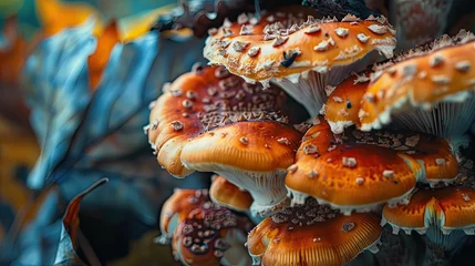 Fotobehang Macro of fungi growing on rotten fruit © 220 AI Studio