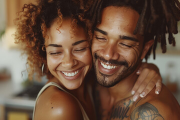 Close shot of a diverse couple hugging and smiling in the morning