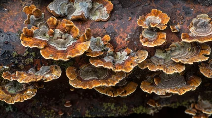 Fotobehang Macro of fungi growing on rotten fruit © 220 AI Studio