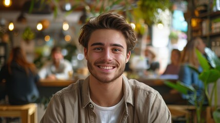 Naklejka premium Man Smiling at Table