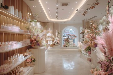 A store with a lot of pink flowers and a lot of pink products