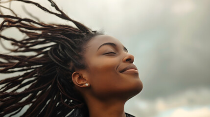 Happy black African American girl flipping her dreadlocks hair in mid air, celebrating International Women's Day