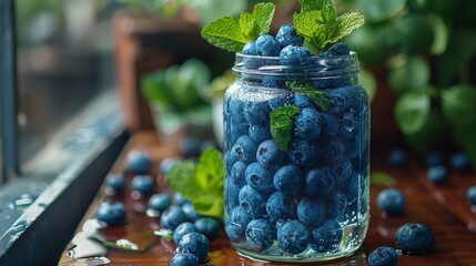 Mason Jar Filled With Blueberries and Mint - obrazy, fototapety, plakaty