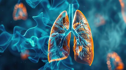 A CT model displays a breathing lung, outlined in orange against a blue background. Inside, blue gas flows, vividly representing the respiratory process with contrasting clarity. - obrazy, fototapety, plakaty