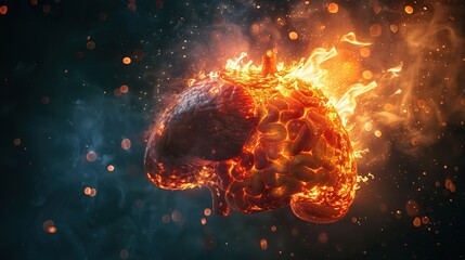 A clear photo depicts a fatty, damaged liver with flames roaring behind it, symbolizing the destructive impact of certain health conditions on vital organs.