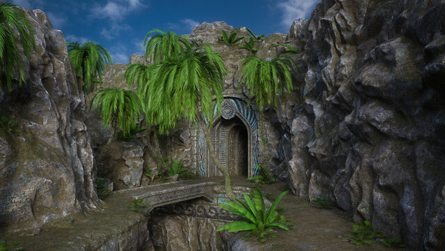 Stone bridge leading to an old fantasy cave entrance in a mountain. 3D render.