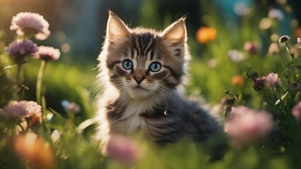 Naklejka na ściany i meble cat on the grass A fluffy Maine Coon kitten with wide, curious eyes, sitting in a sunlit garden surrounded 