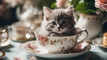 cat in a cup A fluffy Maine Coon kitten with a playful glint in its eyes, sitting snugly in an oversized porcelain teacup tea cup