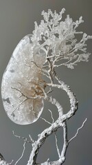 An artwork depicts a kidney crafted from white salt crystals, showcasing intricate detail and texture, offering a unique and visually captivating representation of this vital organ.