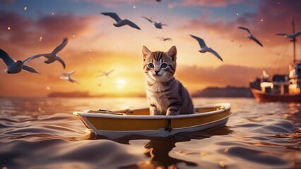 cat in the sunset An adventurous kitten with bright, curious eyes, navigating through gentle sea waves in a colorful boat 