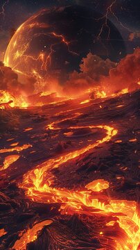 During the early molten phase, the Earth experiences the aftermath of Theia's impact, with vibrant lava flows, dominant impact craters, and a turbulent atmosphere filled with dust, ash, and gases.