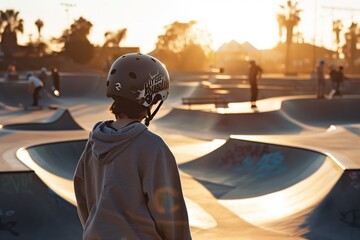 Skateboarder viewing the skatepark at sunset - obrazy, fototapety, plakaty