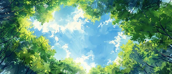 Create a vibrant watercolor masterpiece from a worms-eye view perspective, showcasing a lush forest canopy with vibrant green foliage and a glimpse of the clear blue sky, leaving ample copy space for