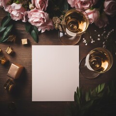 Blank paper on the wooden table with wine, roses, and gifts.