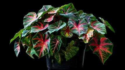 Caladium in pot with multicolored green and red leaves isolated on black background generative ai