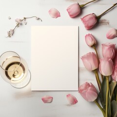 A blank notepaper is placed on a whitewashed wooden background. A glass of white wine and some pink tulips are placed next to it.