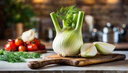 A selection of fresh vegetable: fennel, sitting on a chopping board against blurred kitchen background; copy space