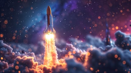 A space shuttle blasts off through a mystical nebula, with sparkling stars and clouds illuminating its path - obrazy, fototapety, plakaty