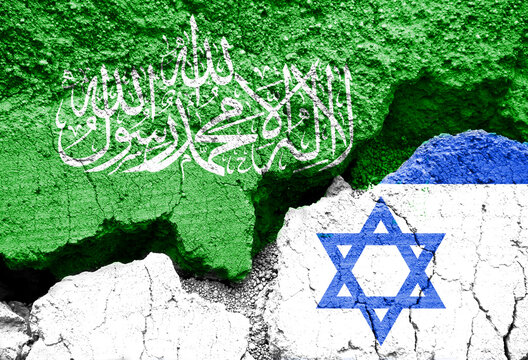 Flags of Israel and Hamas on cracked background, Israeli ans Hama, war and peace deal or ceasefire in Gaza symbol