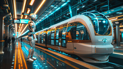 Futuristic Robot at a Modern Train Station