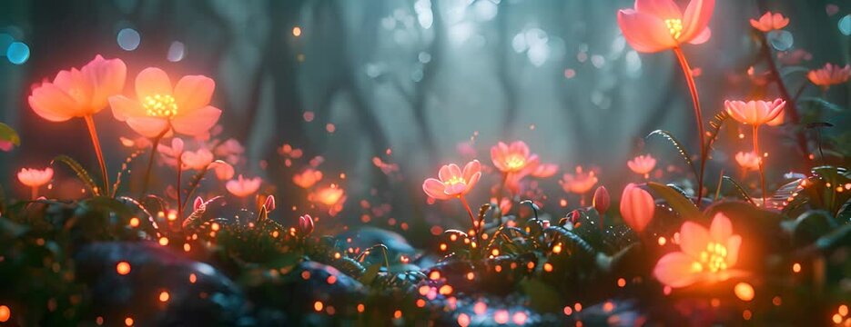 Extraterrestrial flora, glowing petals, bioluminescent alien plants, in a dense alien jungle, misty atmosphere, 3D render, Backlights, Depth of field bokeh effect