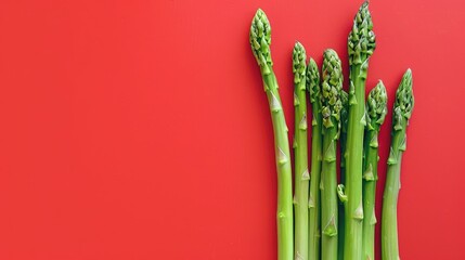 Fresh green asparagus on a red background. Delicious and healthy vegetables. Vegetarianism.