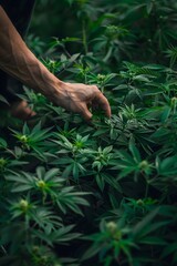 Obraz premium Hands of agronomist picking up green marijuana leaves, farmer harvesting at hemp field. Cannabis sativa plantation in background, medical product, banner with copyspace for text