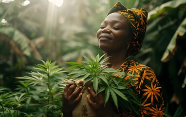 Portrait of smiling female Nigerian African agronomist holding a basket with green marijuana leaves, farmer standing by hemp field. Cannabis sativa plantation in background, banner copyspace for text