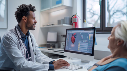 Confident Male Doctor Discussing Digital Heart Monitor Results with Elderly Female Patient