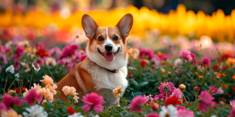 cute corgi dog sitting among various flowers . Generative AI