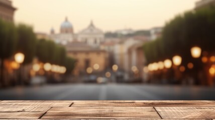 Obraz premium The empty wooden table top with blur background of Rome street. Exuberant image. generative AI