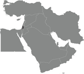 Black detailed blank political map of PALESTINE with white borders on transparent background using orthographic projection of the gray Middle East