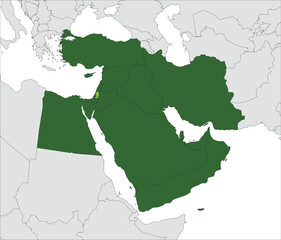 Light green detailed blank political map of PALESTINE with black borders on gray continent background and white sea surfaces using orthographic projection of dark green Middle East