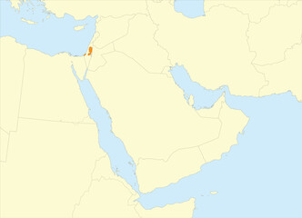 Orange detailed blank political map of PALESTINE with black borders on beige continent background and blue sea surfaces using orthographic projection of the Middle East