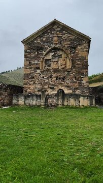 Thaba-Yerdy in Ingushetia. ZEISS, RUSSIA - MAY 19, 2023: Video of the Thaba-Yerdy Temple, the oldest temple in Ingushetia. The Caucasus Mountains. 4K