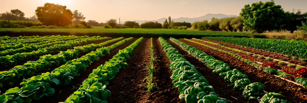 diverse range of crops planted in rows, showcasing the variety that farmers cultivate during the spring season.Generative ai