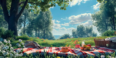 Fototapeta na wymiar Picnic in the park. Sunny day in the park with a picnic blanket, flowers and blue sky. Generative AI