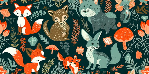 pattern with a woodland-inspired design, featuring forest animals and nature motifs. Generative AI
