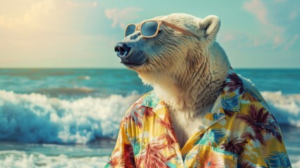 Polar bear in hat drinking juice and relax background wallpaper concept - obrazy, fototapety, plakaty